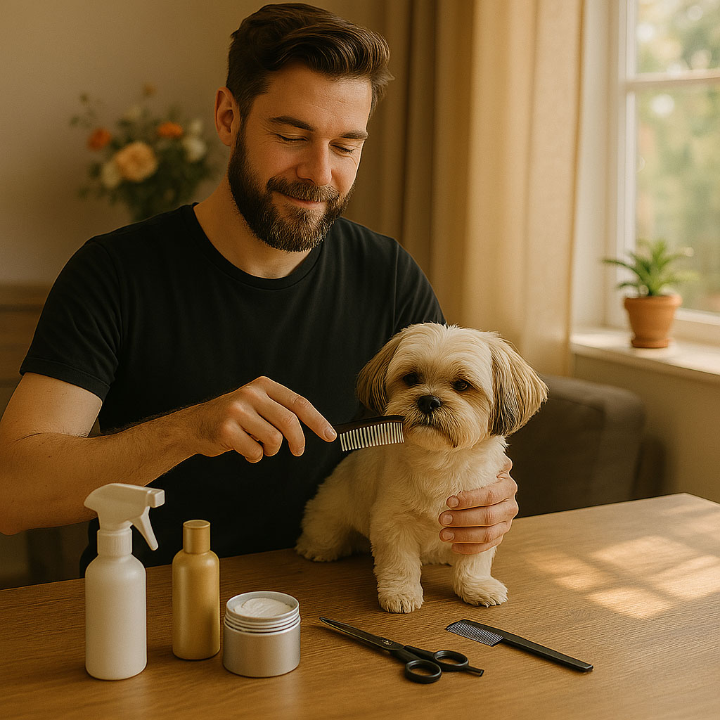 a man grooming a cute dog in a cozy condo