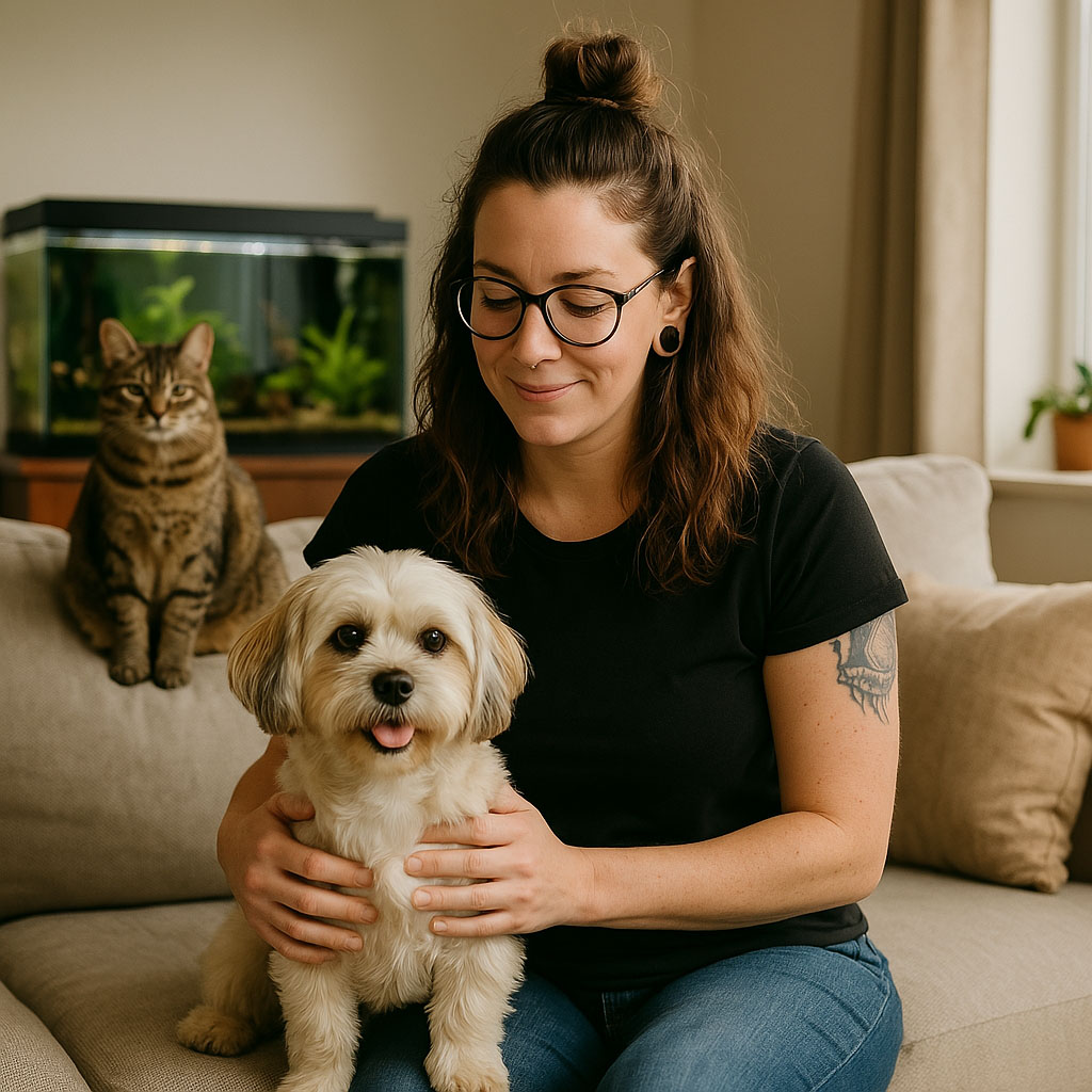 a pet sitting woman in a condo