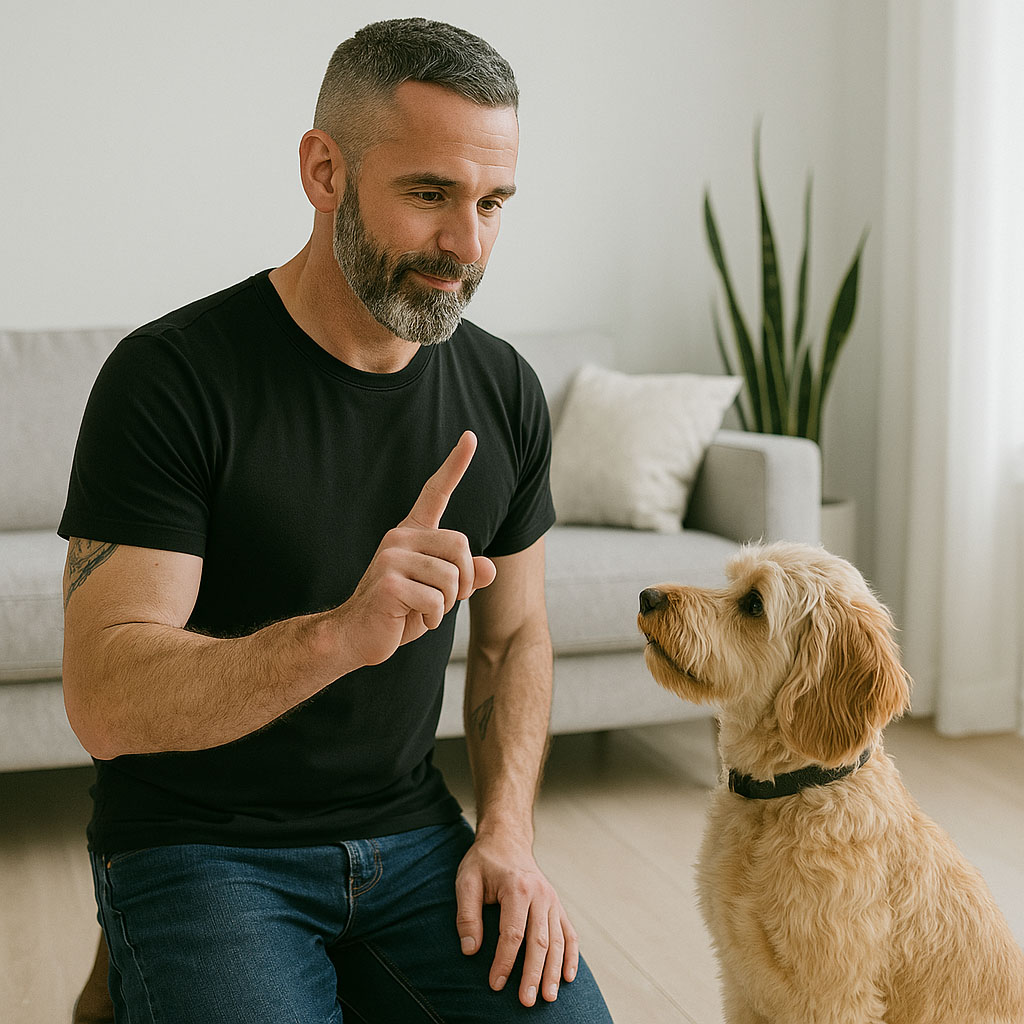 a photo of a man training a dog in a condo
